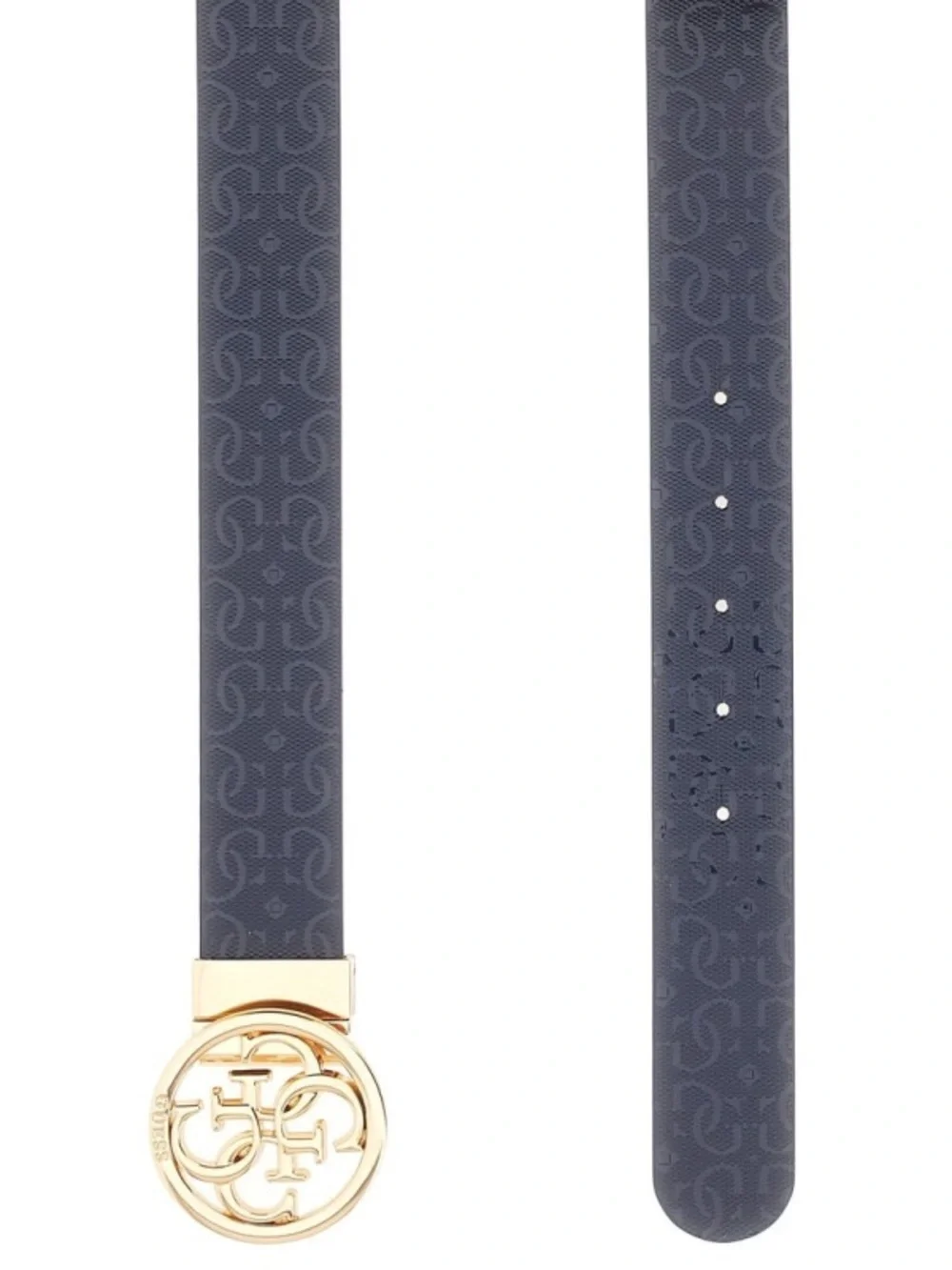 NewGuess Navy Signature Logo Belt with Gold Round Buckle